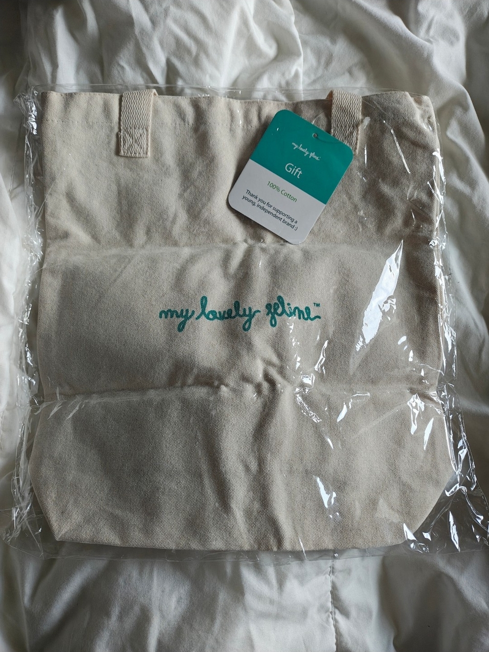 My Lovely Feline Canvas Tote in Natural with Teal Logo